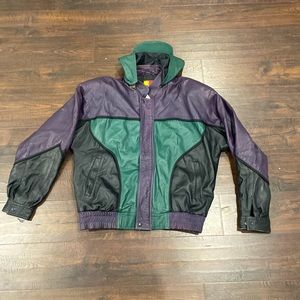 Vintage 90s leather jacket.  Purple/green/black